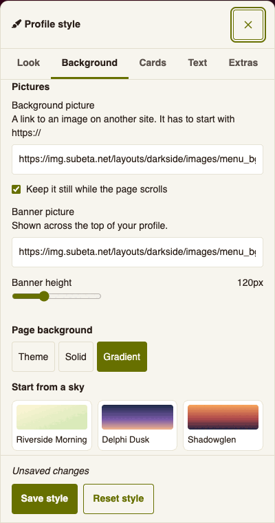 The Background tab of the Profile style panel, showing the Pictures group with a background picture link, a banner picture link, and a banner height slider above the page background buttons.