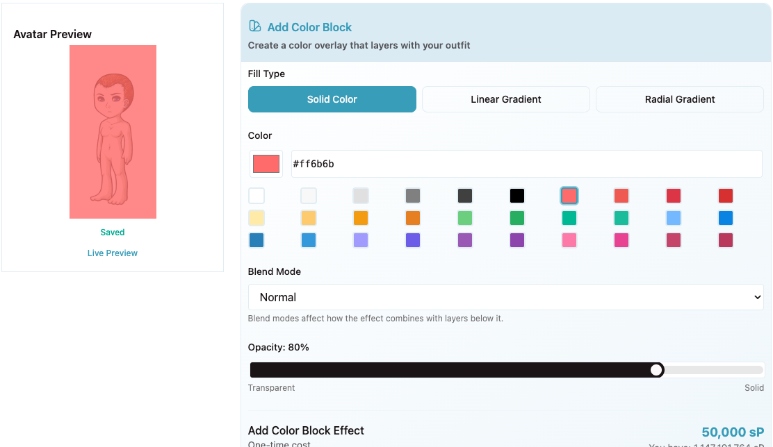 The wardrobe effect layers panel — pick a solid, linear, or radial fill, choose a blend mode, set opacity, and stack up to three layers over your avatar.